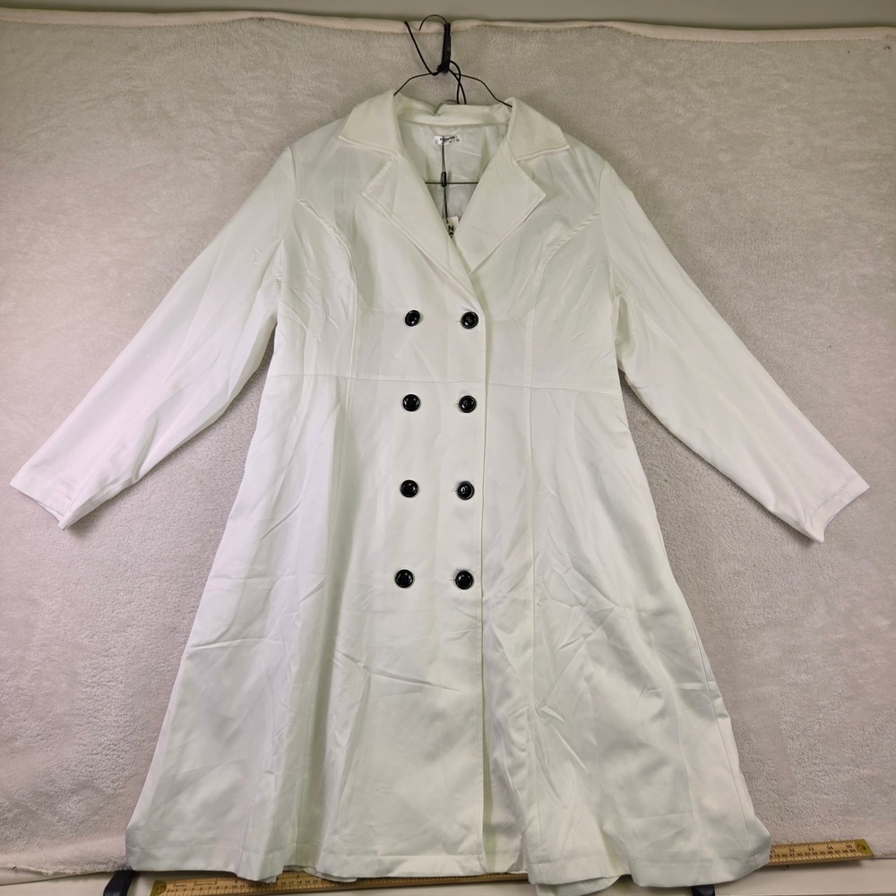 White Double Breasted Trench Coat Black Buttons Flared Skirt Long Sleeve New